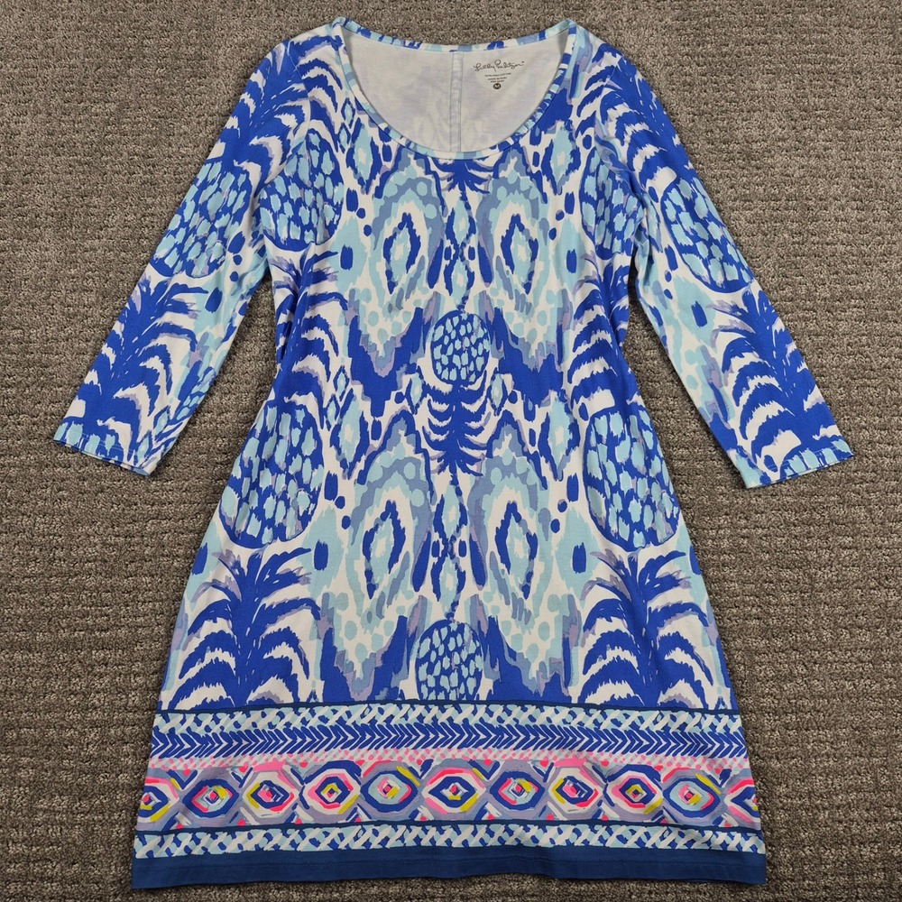 Lilly Pulitzer Womens M Beacon Dress Blue Pineapple Mini 3/4 Sleeve Pima Cotton